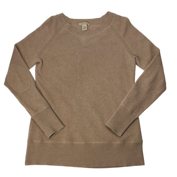 Vertical Design Cashmere Wool Blend Sweater Long Sleeve Beige Size M Elbow Patch - Picture 5 of 8